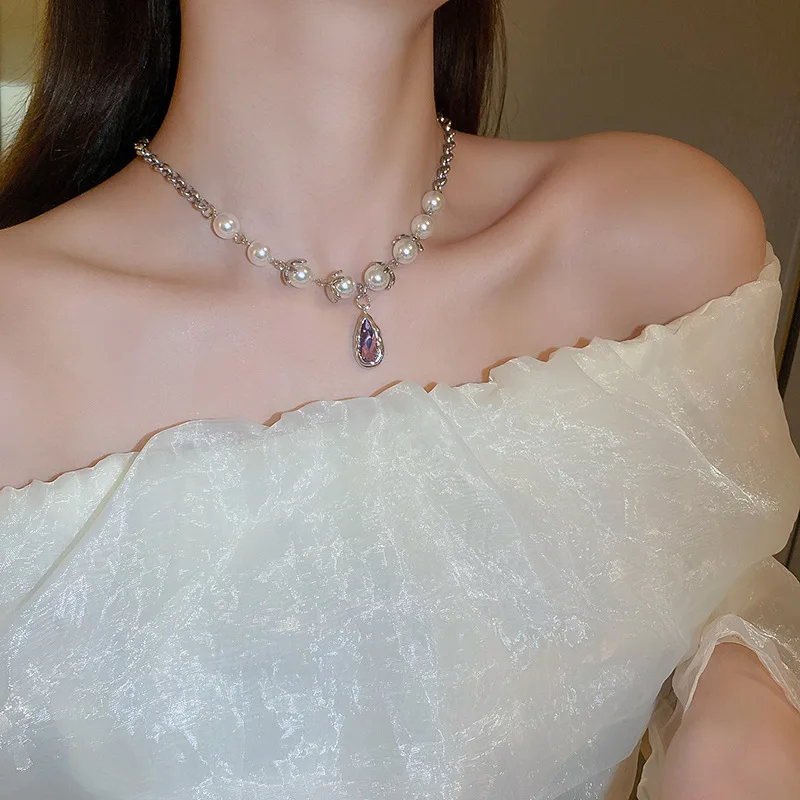 

fashion pearl bead purple crystal water drop necklace charms