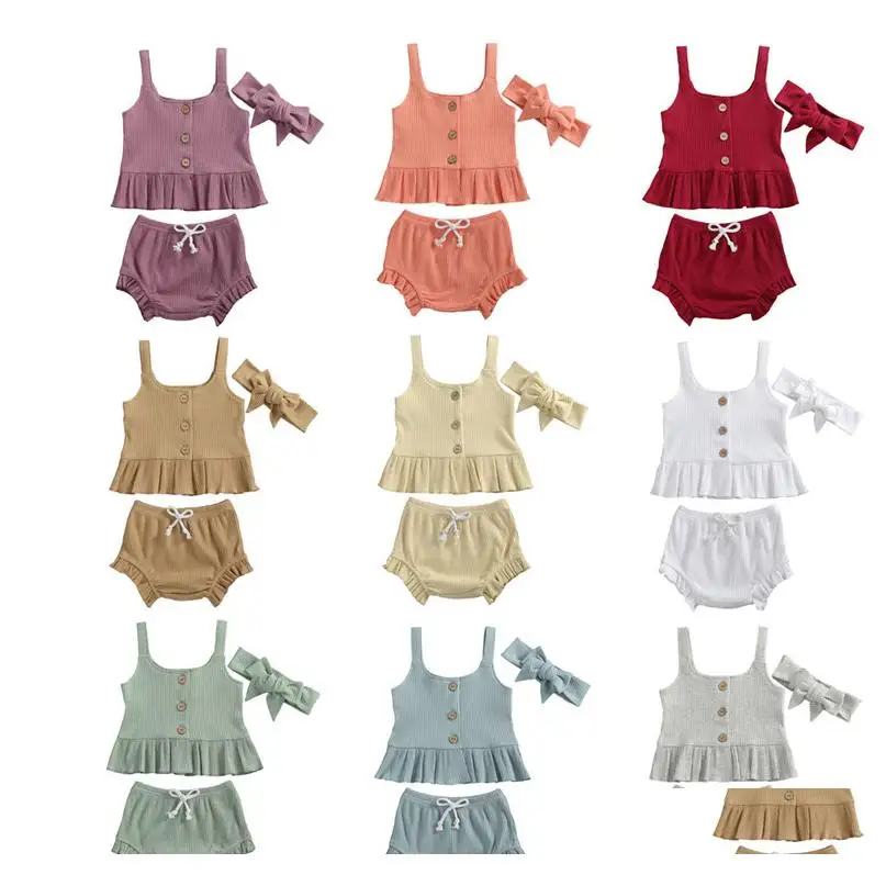 

Summer 3Pcs Baby Girls Clothes Strap Crop Topsshortsheadband Outfits Clothes Set 0-24M