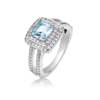 

Women's Jewelry Double Deck Square Finger Rings Inlay Sky Blue Zircon Fashion Charm Wedding Ring For Women Statement Gifts, Picture shows