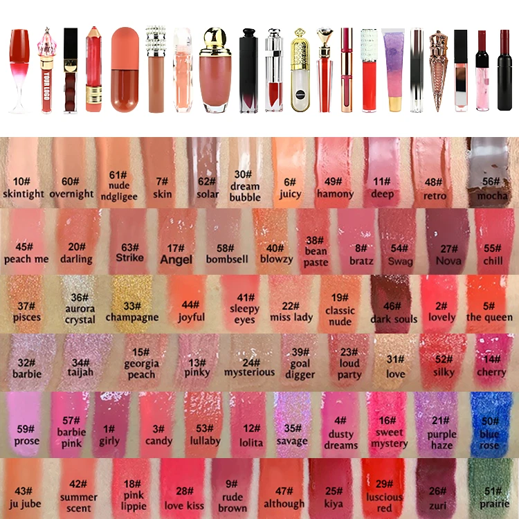 

Amazon hot selling custom logo 147 colors and lipstick tube optionalg litter vegan lip gloss(new)