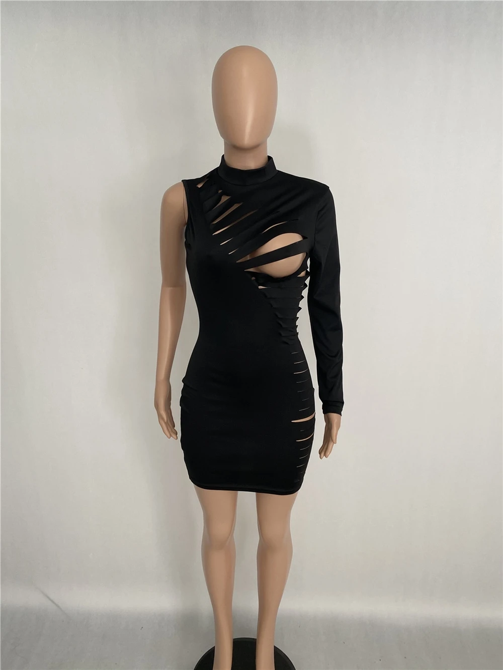 New Style Burnt Out Holes One Sleeve Solid Night Club Sexy Short Mini Ladies Bandage Dresses Woman Casual Dress