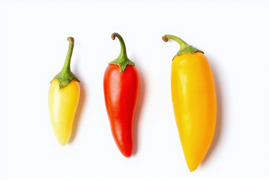 Close-up comparison of Thai bird's eye chilies, malagueta peppers, and pequin peppers on white background showing size differences