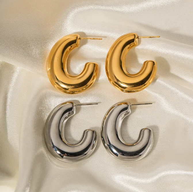

Large Gold Hoops 18K Gold Bold Earring Women Stainless Steel Jewelry C-shaped Chunky Statement Hoop Earrings