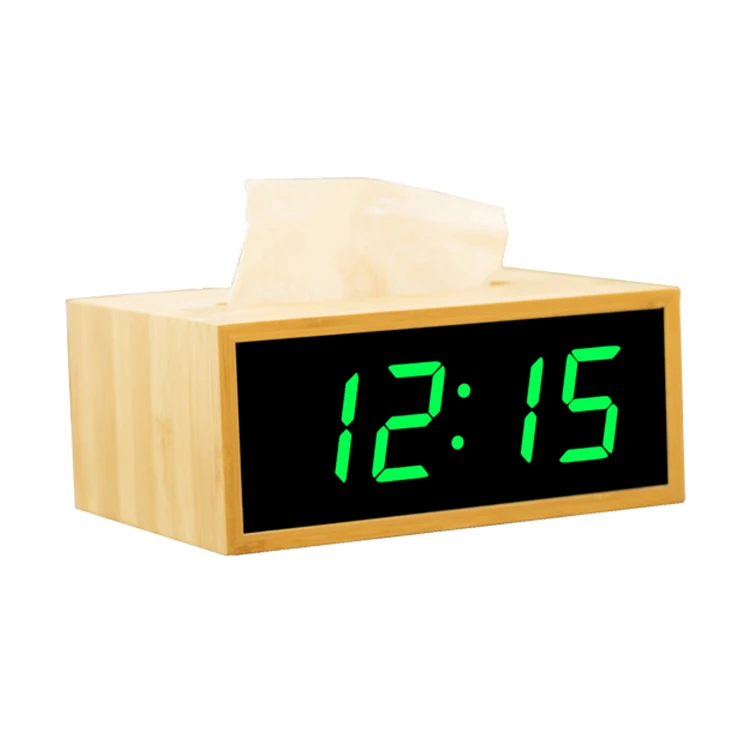 

Rectangle Paper Facial Tissue Box Cover Holder Wooden Tissue Box Holder with Alarm Clock and Mirror Display For Office Car Room, Bamboo