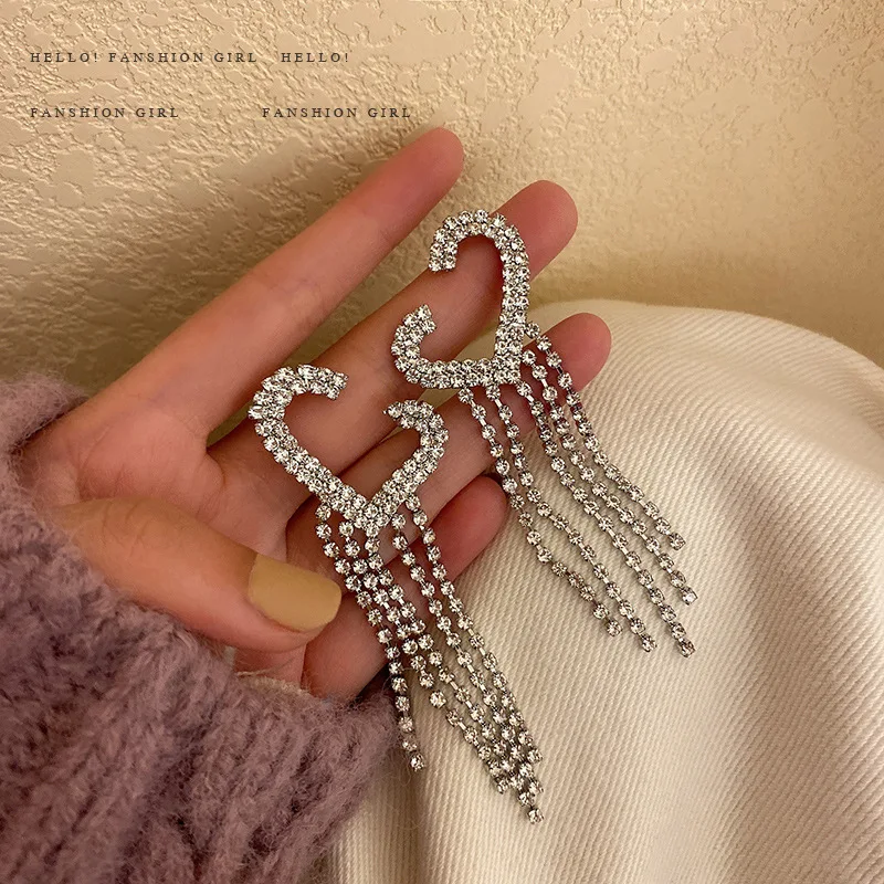 

fashion tassel dangling crystal drop earring heart