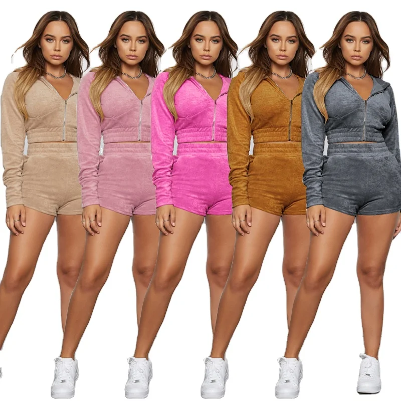 

custom rhinestone logo spring fall workout short velvet two piece hoodie and shorts set for women, As pictures showed