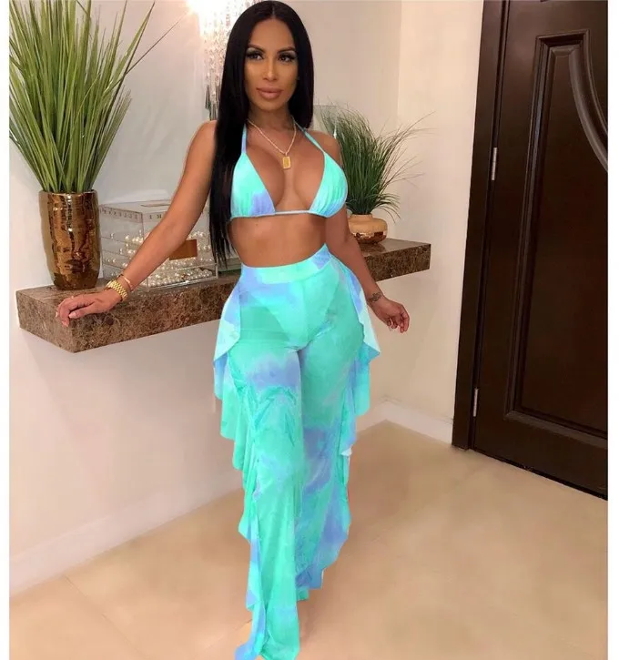 

Sexy Mesh Swimsuit Summer 2021 Latest Fashion Digital Printing Tie Dye 2 Two Piece Set Women Clothing Bathing Suit, Picture showed