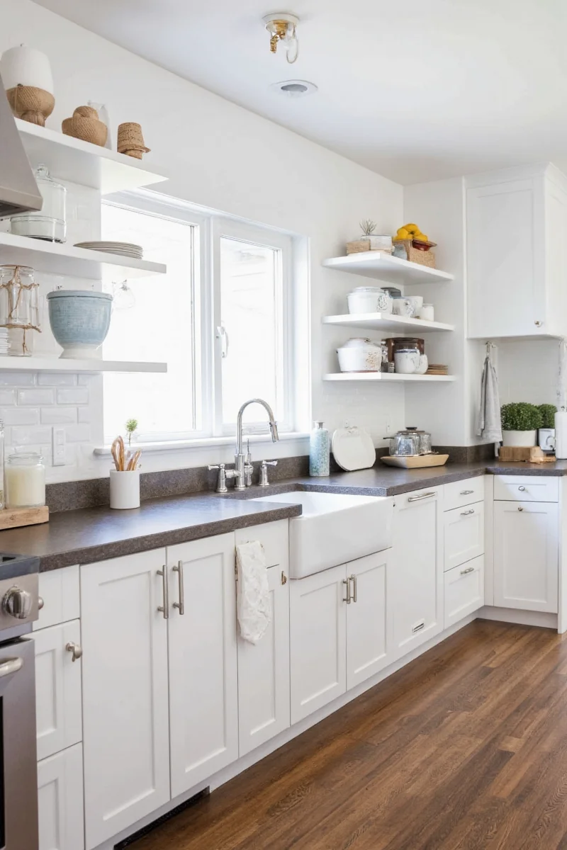 Kitchen layout showing pull-out shelves and open shelving
