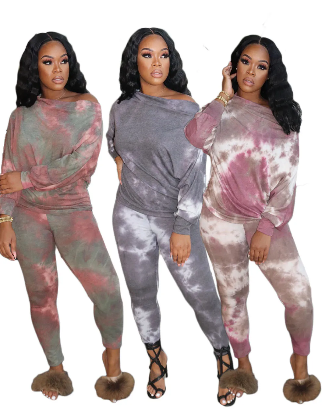 

Hot style winter tie-dye print casual two-piece women's suit with slanted shoulder