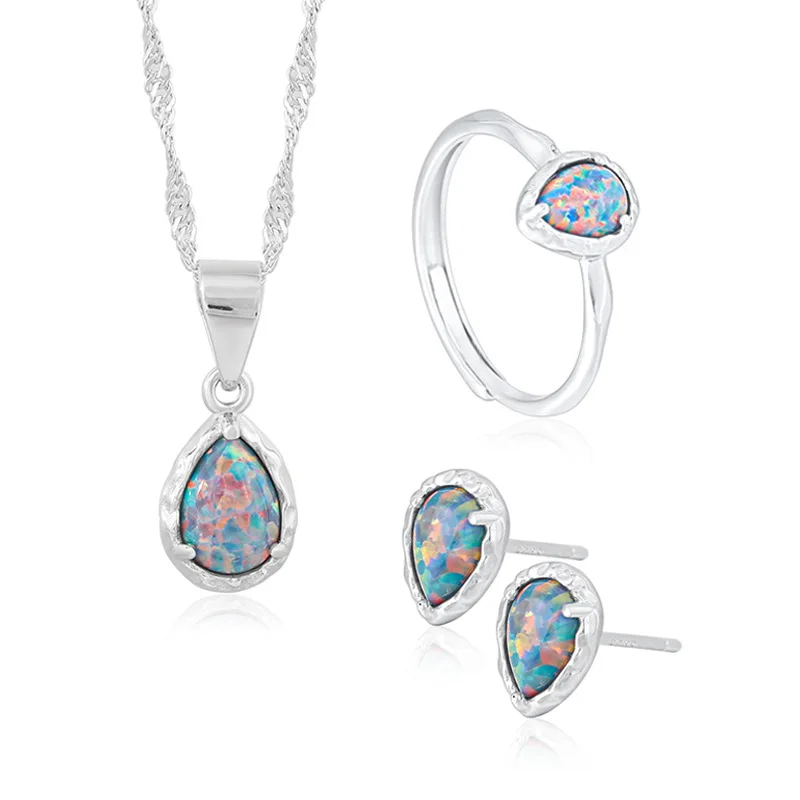 

925 Silver Crystal Stone Opal Necklace And Earring Adjustable Opening Ring Women Bridal Wedding Fashion Jewelry Set