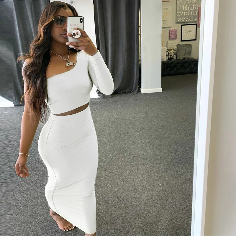 

2021 summer two piece one shoulder crop top sets fall dress sexy white 2 piece long skirt set women