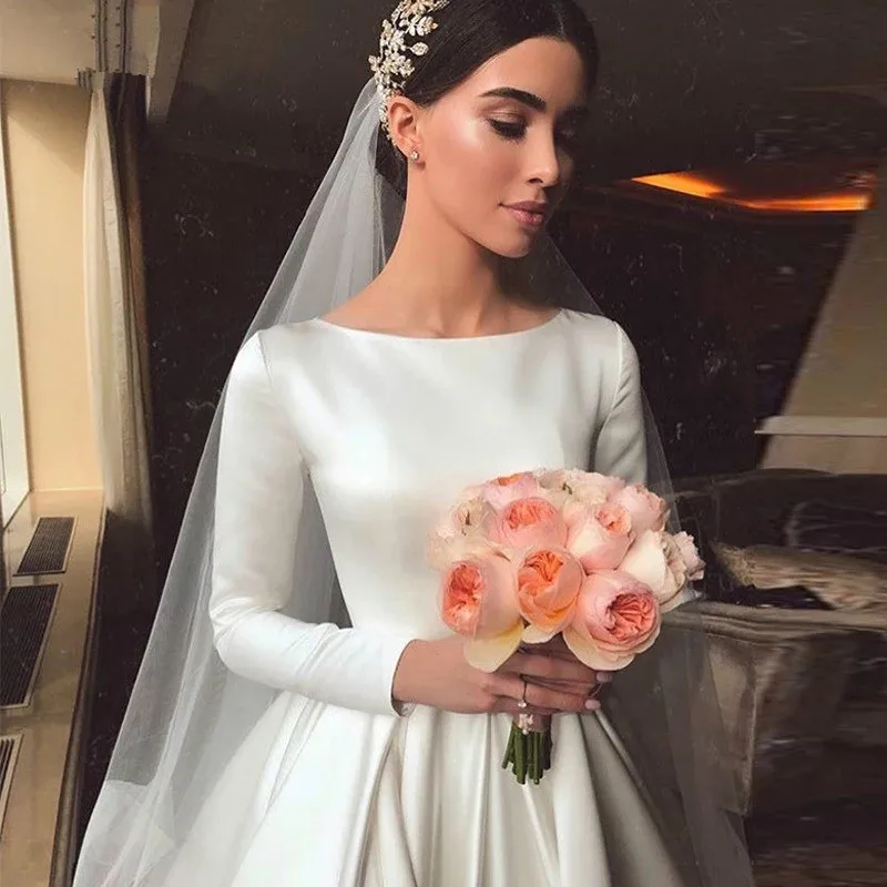 

Vestido de noiva Robe France Simple Vintage White Ivory Satin Wedding Dress Women Long Sleeves Princess Bridal Gown, Custom made