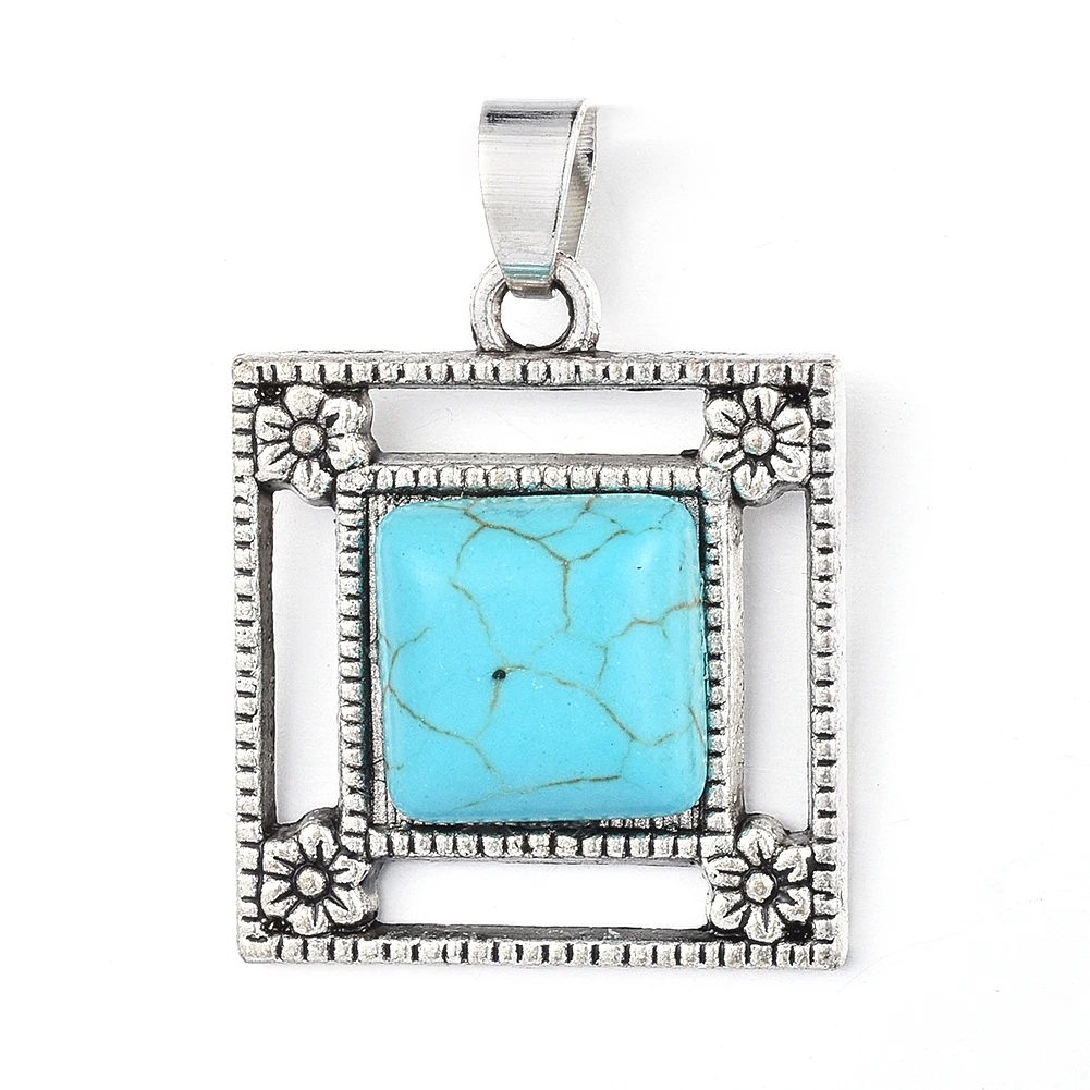 

PandaHall Turquoise Square with Flower Pattern Alloy Pendants