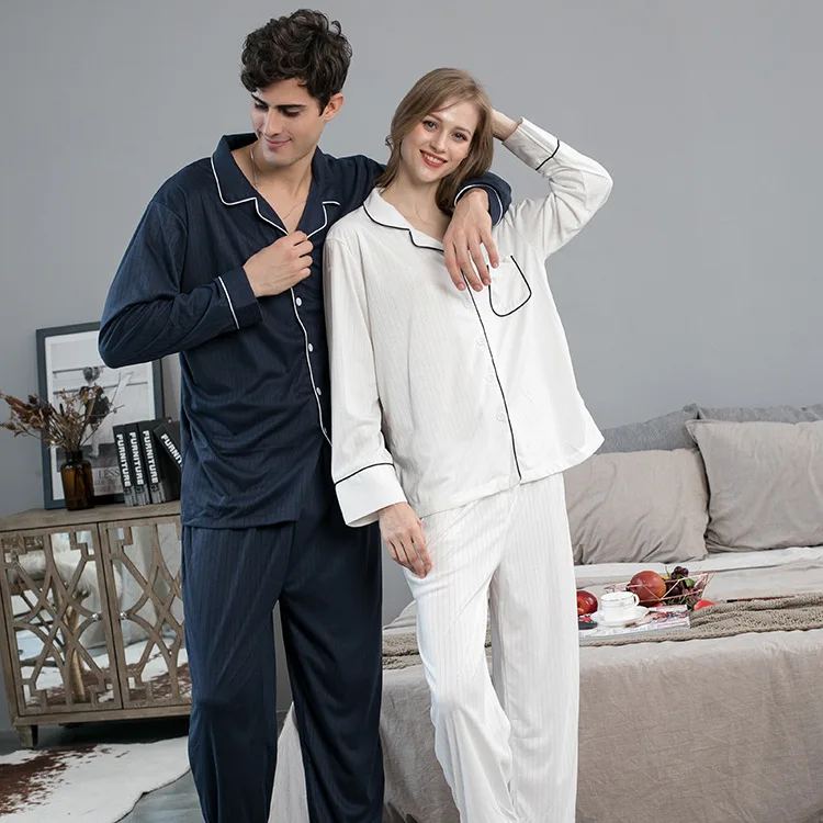 

Enssy New large size couple pajamas in spring and autumn sleepwear wear 2 pieces fashionable home wear suit pyjama set