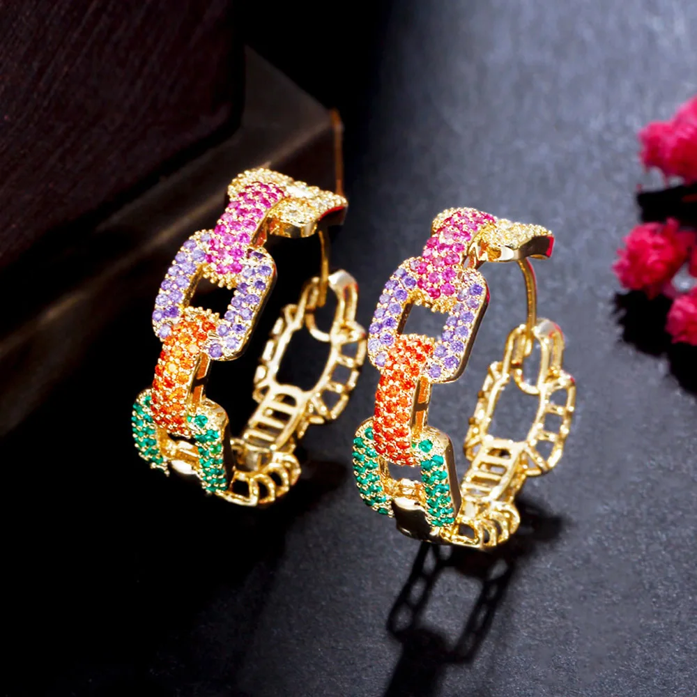 

New Trendy Colorful Micro Pave Cubic Zircon Ear Rings Gold Plated Geometric Cuban Chain Link Hoop Earrings for Women CZ Jewelry