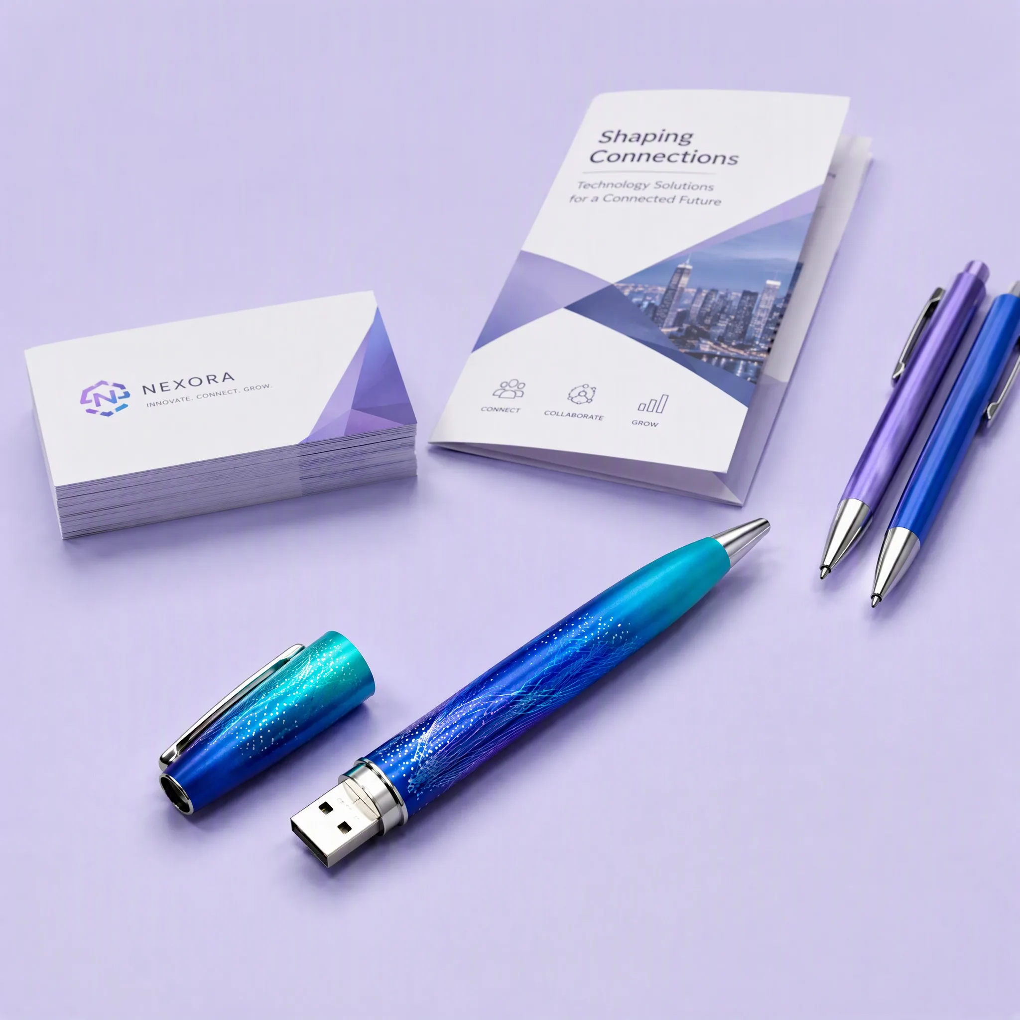 Corporate Desk Setup with Trifold Brochure, Business Cards Stack, Two Companion Pens, and Pen USB Drive