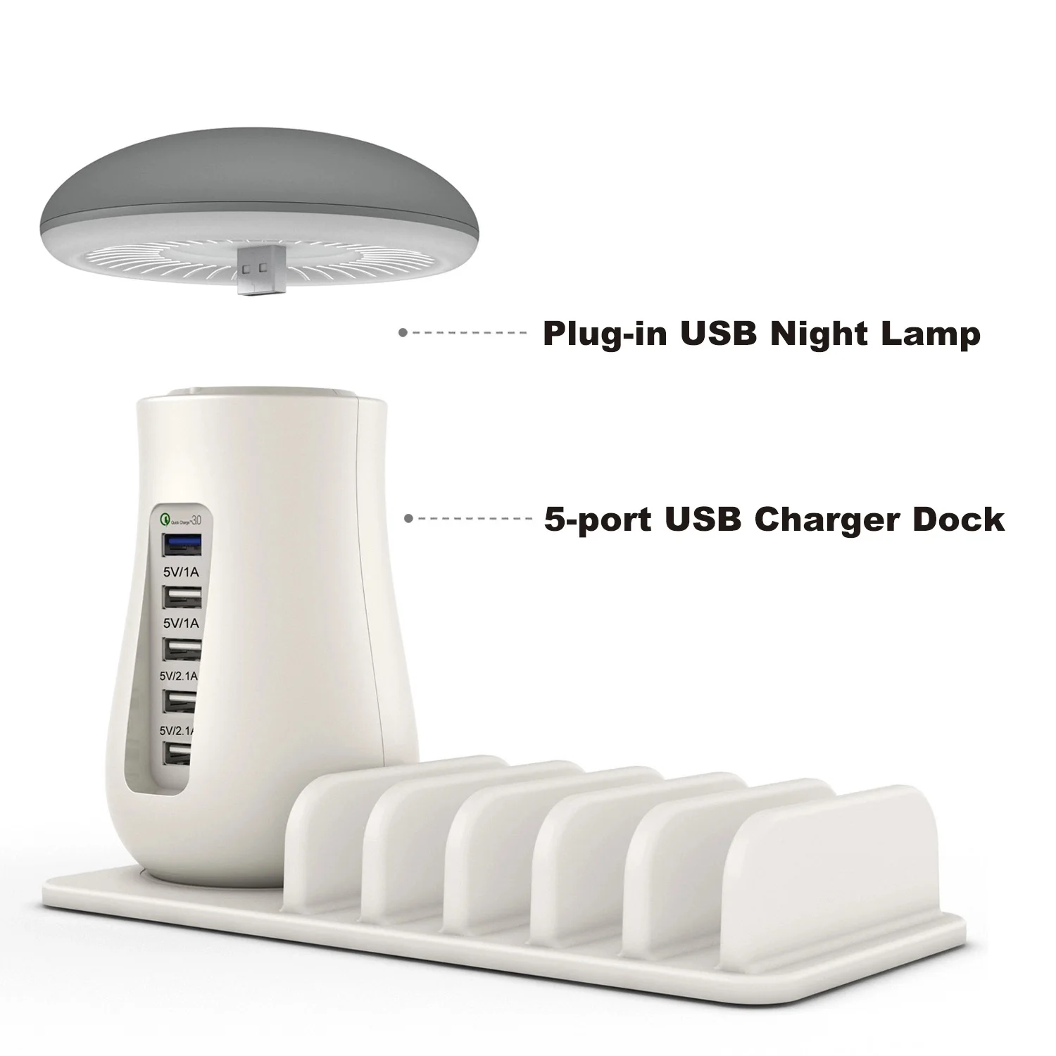 

5 Ports USB Mobile Charger QC3.0 Mobile Phone Tablet Charging Mushroom Led Desk Lamp, White