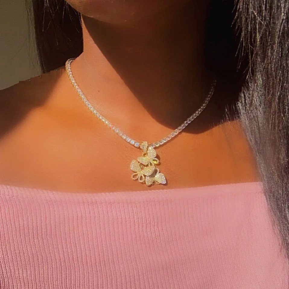 

Custom gold silver plated alloy trendy Bling Rhinestone Pendant Tennis Chain woman Butterfly Necklace