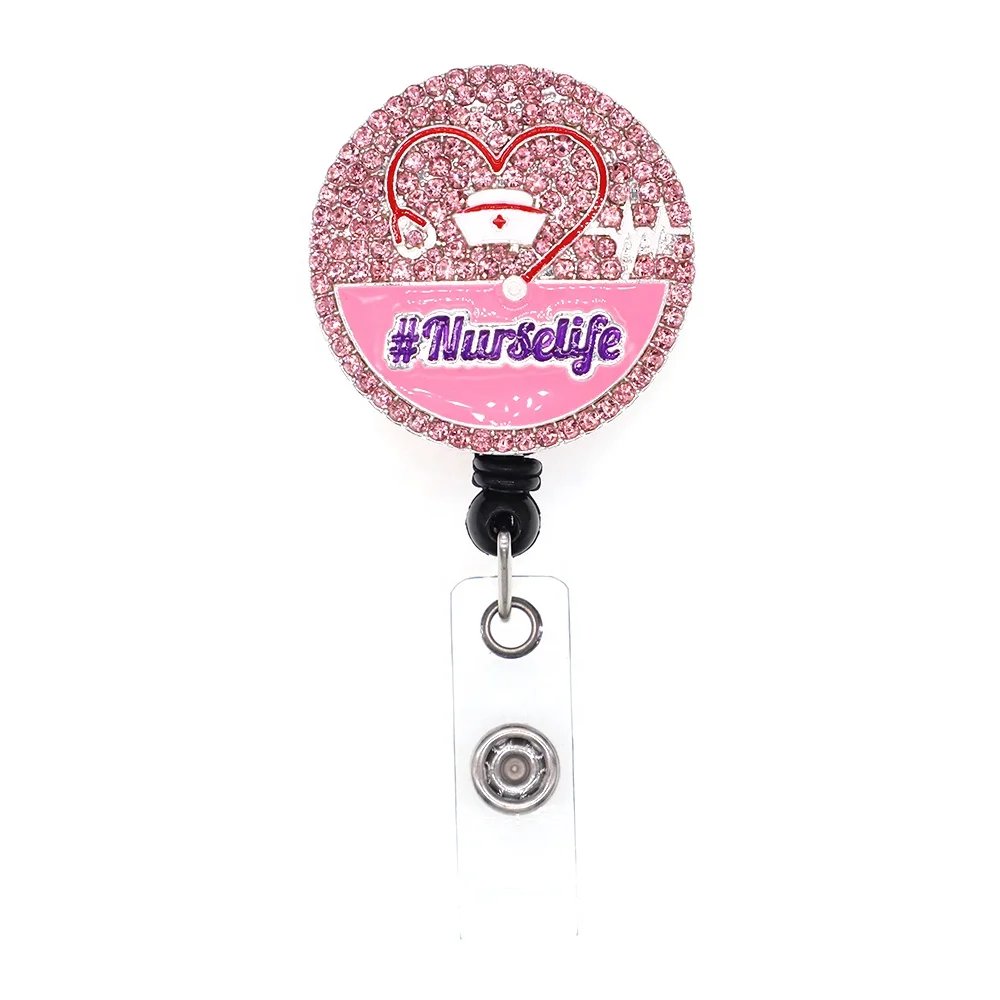 

Free Shipping Pink Rhinestone "Nurse Life" Retractable Badge Holder Medical Heart stethoscope Nurse Badge Reel, Picture