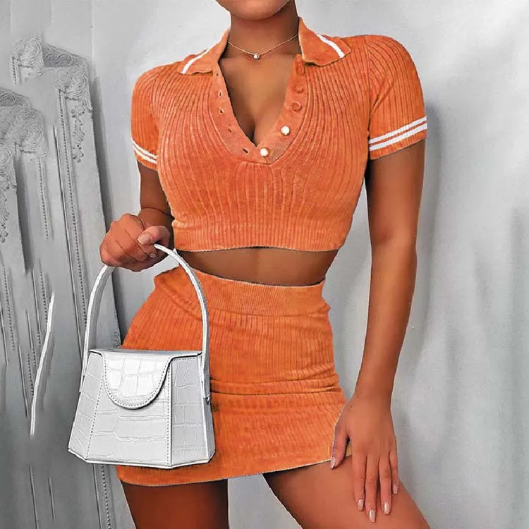 

Fashion Custom Button Crop Top And Skirt Set Knitting Ribbed Fashion Women Two Piece Sets Short Sleeve Casual Bodycon Outfits