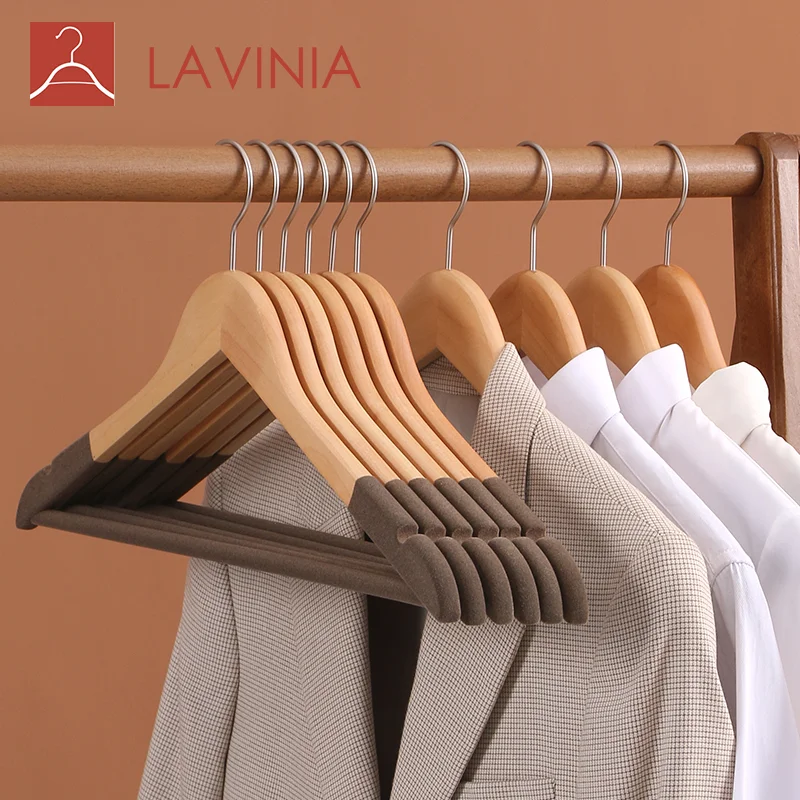 

Solid wood flocking shoulder non-slip seamless household retro wooden hangers wholesale Flocking hanger, Log