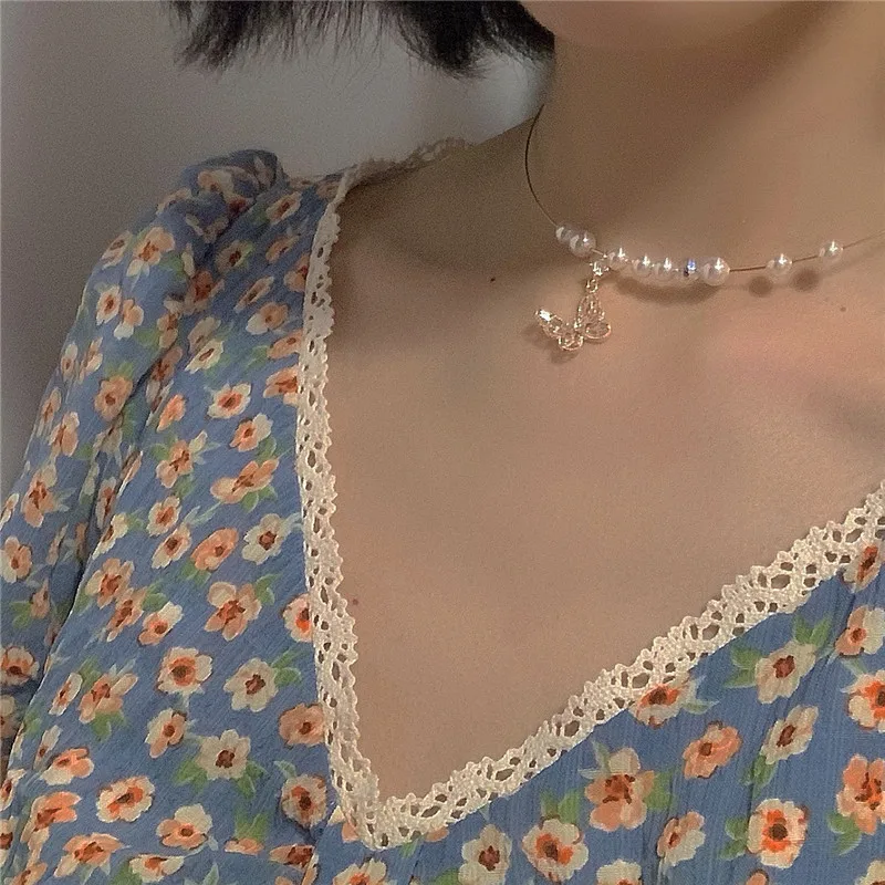 

JUHU New cute all-match butterfly pearl necklace retro original pearl necklace metal alloy jewelry for women
