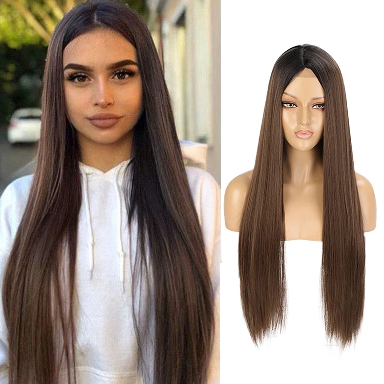 

OEM & ODM Acceptable Japan Futura Wig Lace Front Brown Women Dark Root Blend High Quality Synthetic Long Straight Wigs