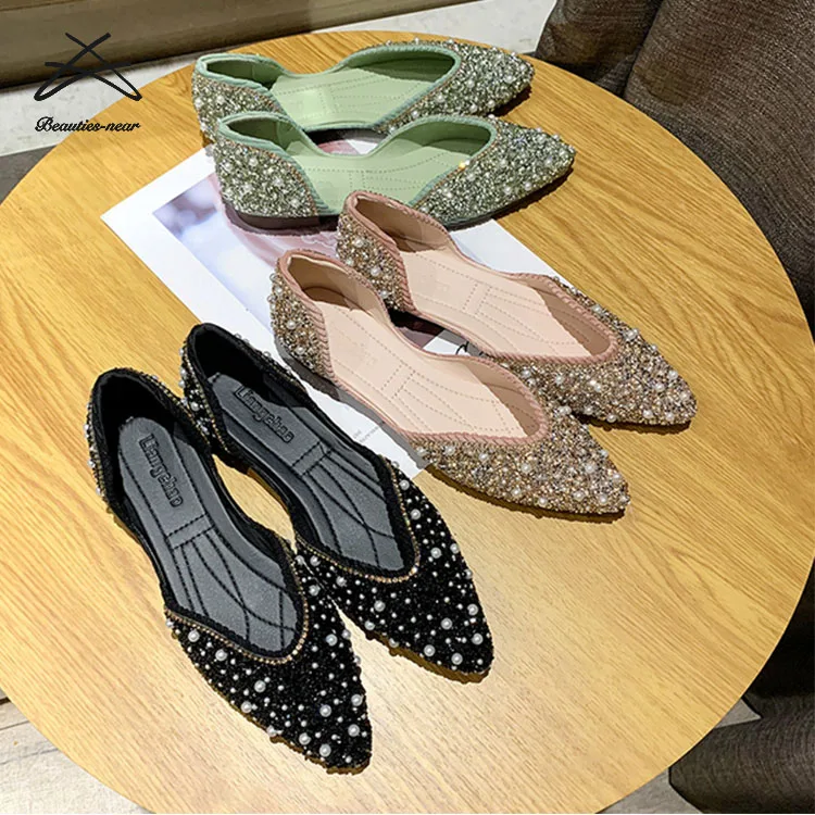 

Fashion high quality plain hot design instgram women flat pearl rhinestone slip on diamond loafer casual lady flat shoes, As in picture