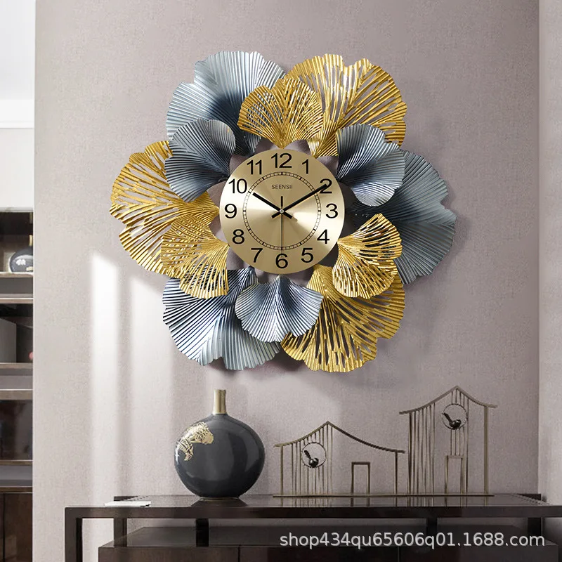 

Ginkgo Leaves Home Decorative Furniture Wall Clock Interior Design Reloj De Pared, Gold,blue