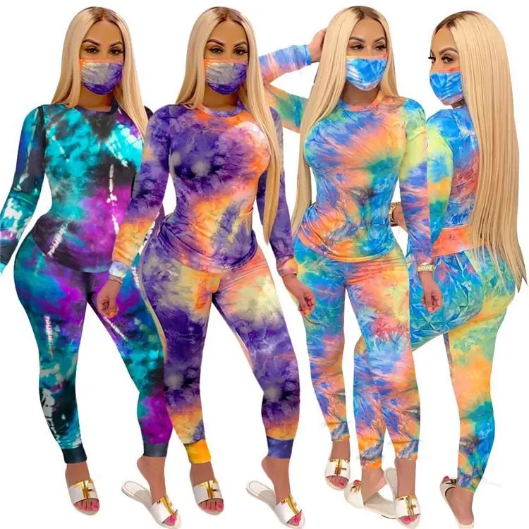 

2020 Fall Clothing Long Sleeve Tie Dye Pajamas Homewear Lady Two Pieces Outfits