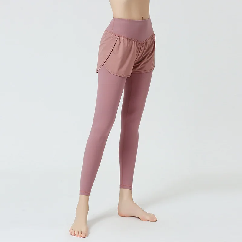 

Nude yoga pants faux two-piece exercise and ankle pants fitness tight long pants