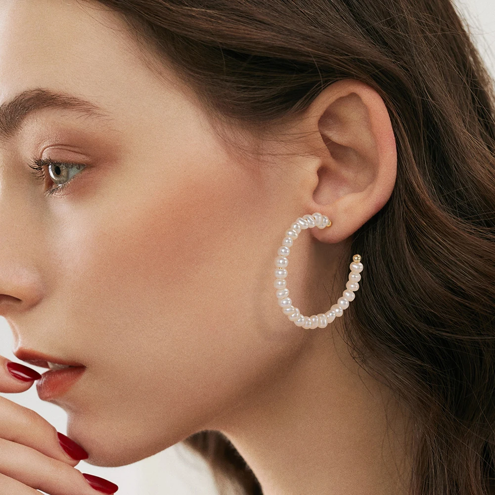 GPE69 New Arrival Hoop Earrings for Women Silver 14K Gold Plated Freshwater Pearl Lightweight Open Large Circle Round Earrings
