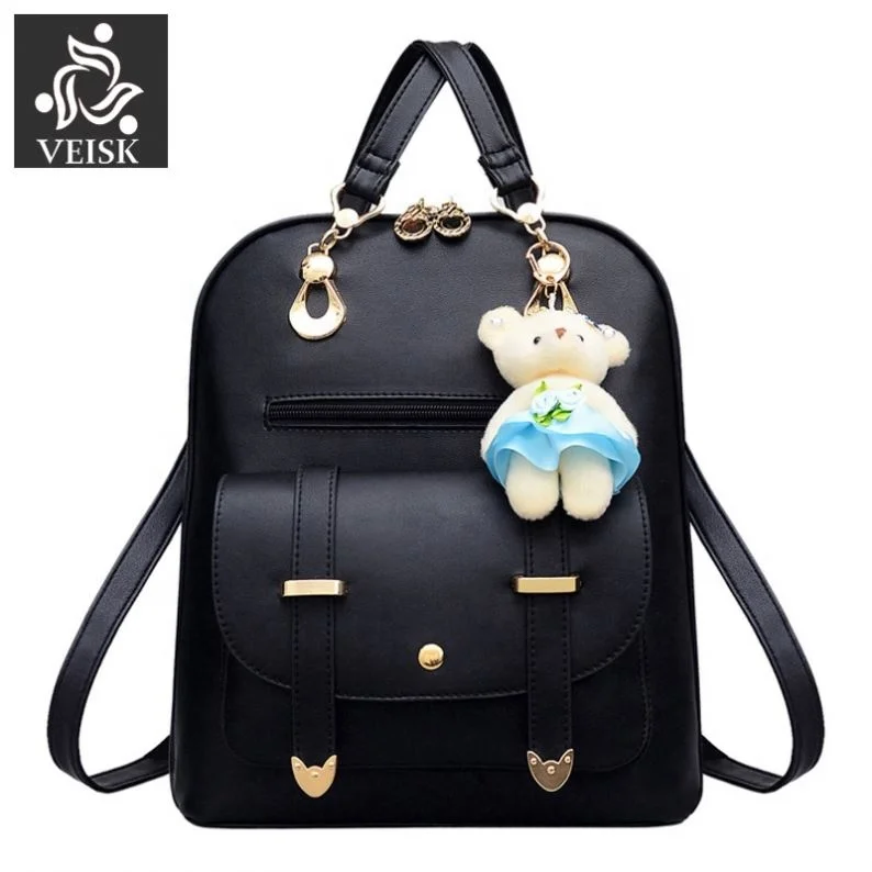 

Petrichor Korean Style Backpack Female Cute Bear Pendant School Backpack For Girls Fashion Women PU Leather Shoulder Bag