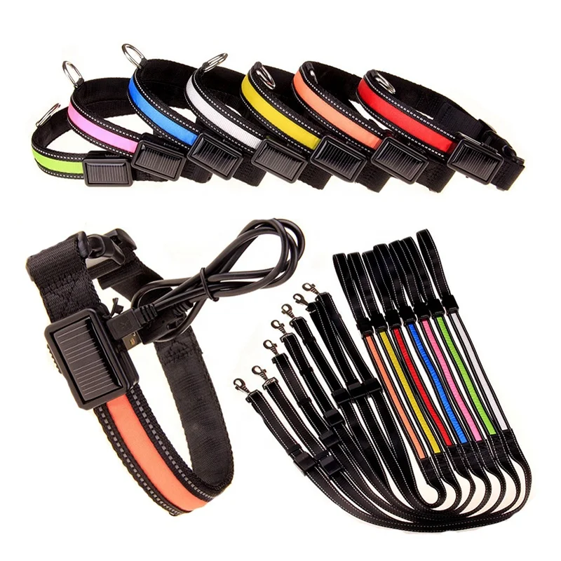 

USB Charging Dog LED Collar Solar Power LED Flashing Light Nylon Dog Collar, Blue/green/red/yellow/pink/orange/white