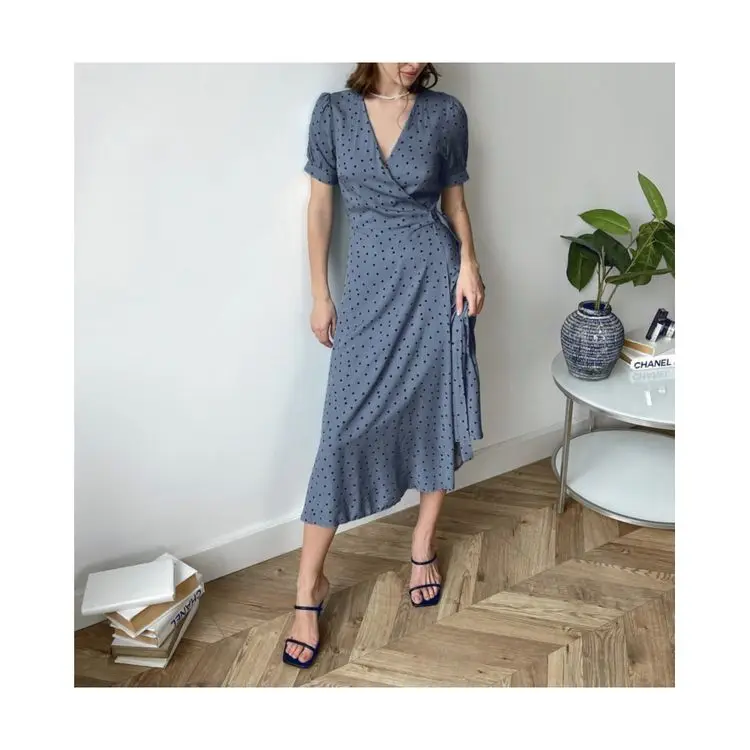 

2021 high end summer elegant lazy style v-neck blue polka dot waist split dress