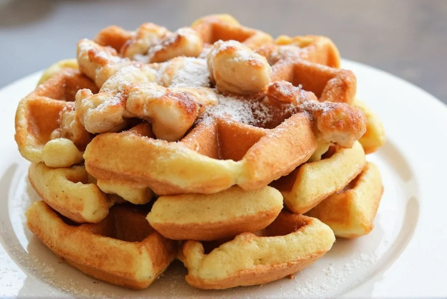 Stack of golden cinnamon bun waffles topped with cream cheese glaze and fresh strawberries