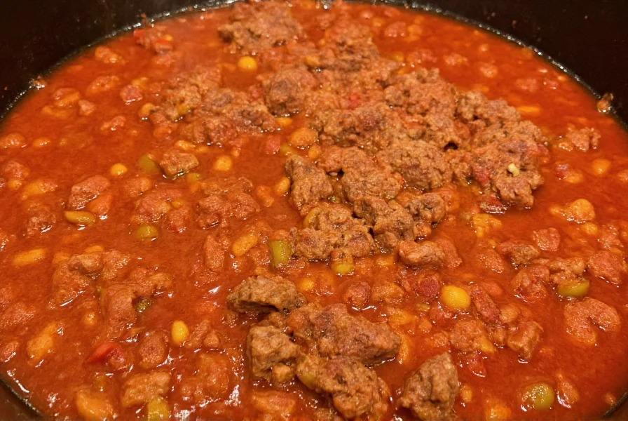 Simmering pot of chili with ground beef showing rich red color and texture