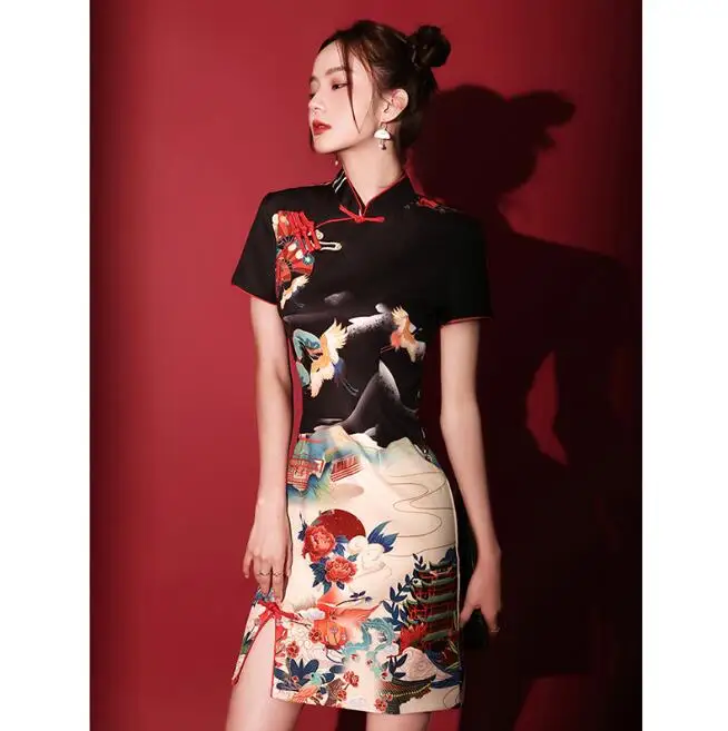 

ecowalson New Summer China-Chic Cheongsam Young Girls' Improved Black Short Chinese Women's Wear Old Shanghai Vintage Modern