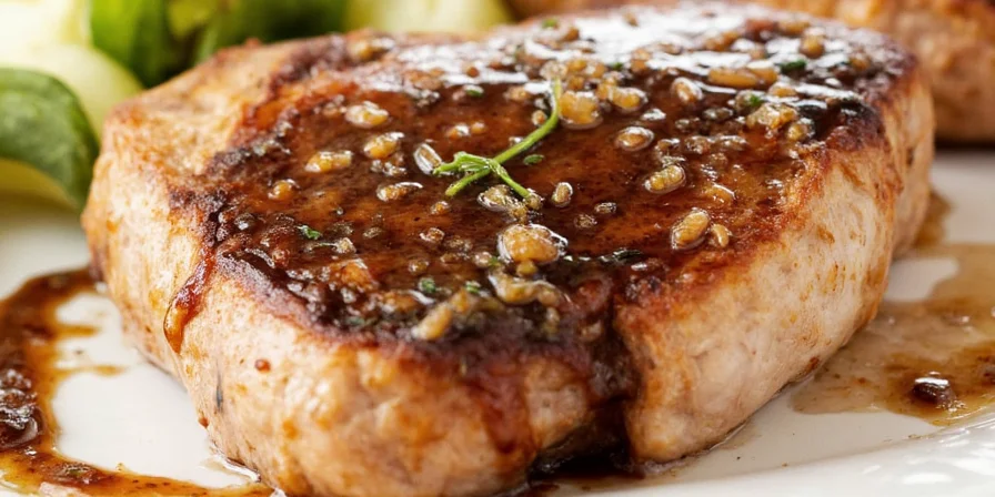 Plated pork chops glazed with balsamic sauce, ready to serve.