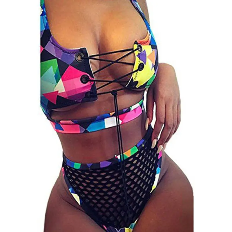 

2020 Fashion New Swimwear Sexy Fishing Net Triangle Bikini Printing Amazon High Waist Bandage Swimsuit, As picture