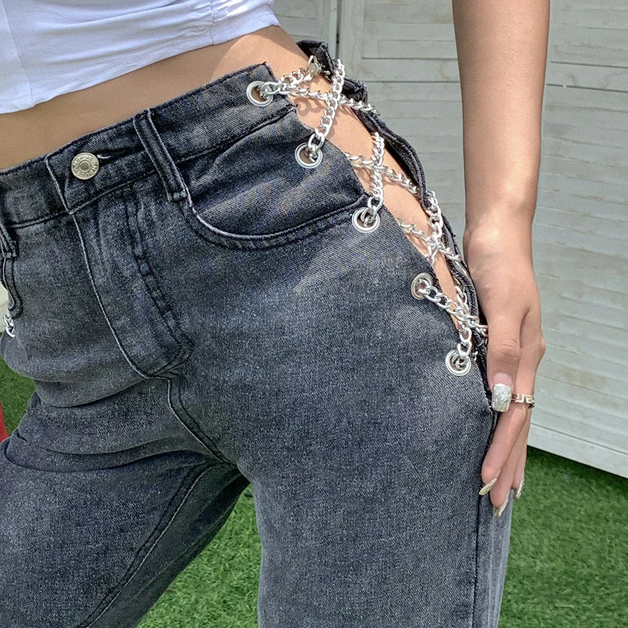 

Nibber P1736571 Harajuku High Waist Hollow Out Chain Design Slim Jeans Woman Leisure Streetwear Straight Pants Wholesale Custom