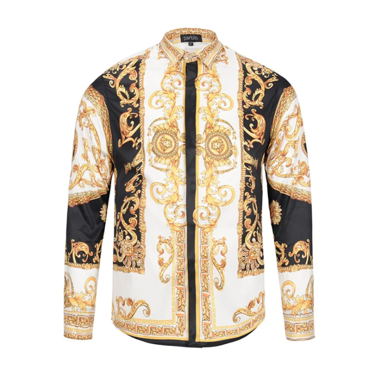 

Male Luxury Long Sleeve Slim Dress Shirt 3D Printed Bronzing Royal Shirts For Men