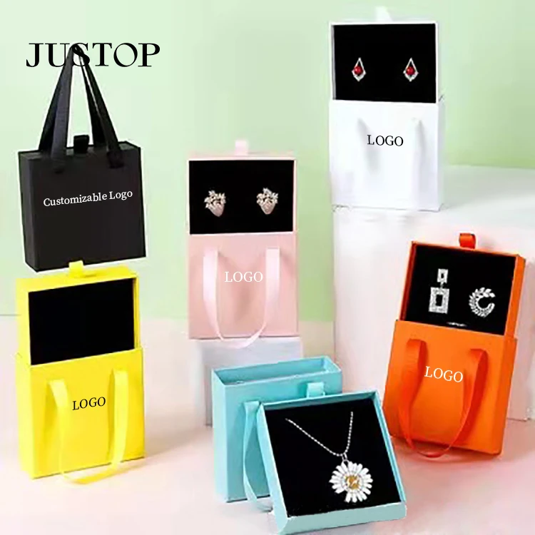 

2022 Custom Logo Cardboard Craft Paper Box White Black Orange Pink Necklace Bracelet Drawer Jewelry Box with Handles