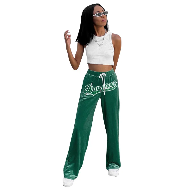 

High Waist Embroidered Letter Lace Up Drawstring Velvet Sweatpants for Women 2021 Fashion Custom Pant Trousers Women