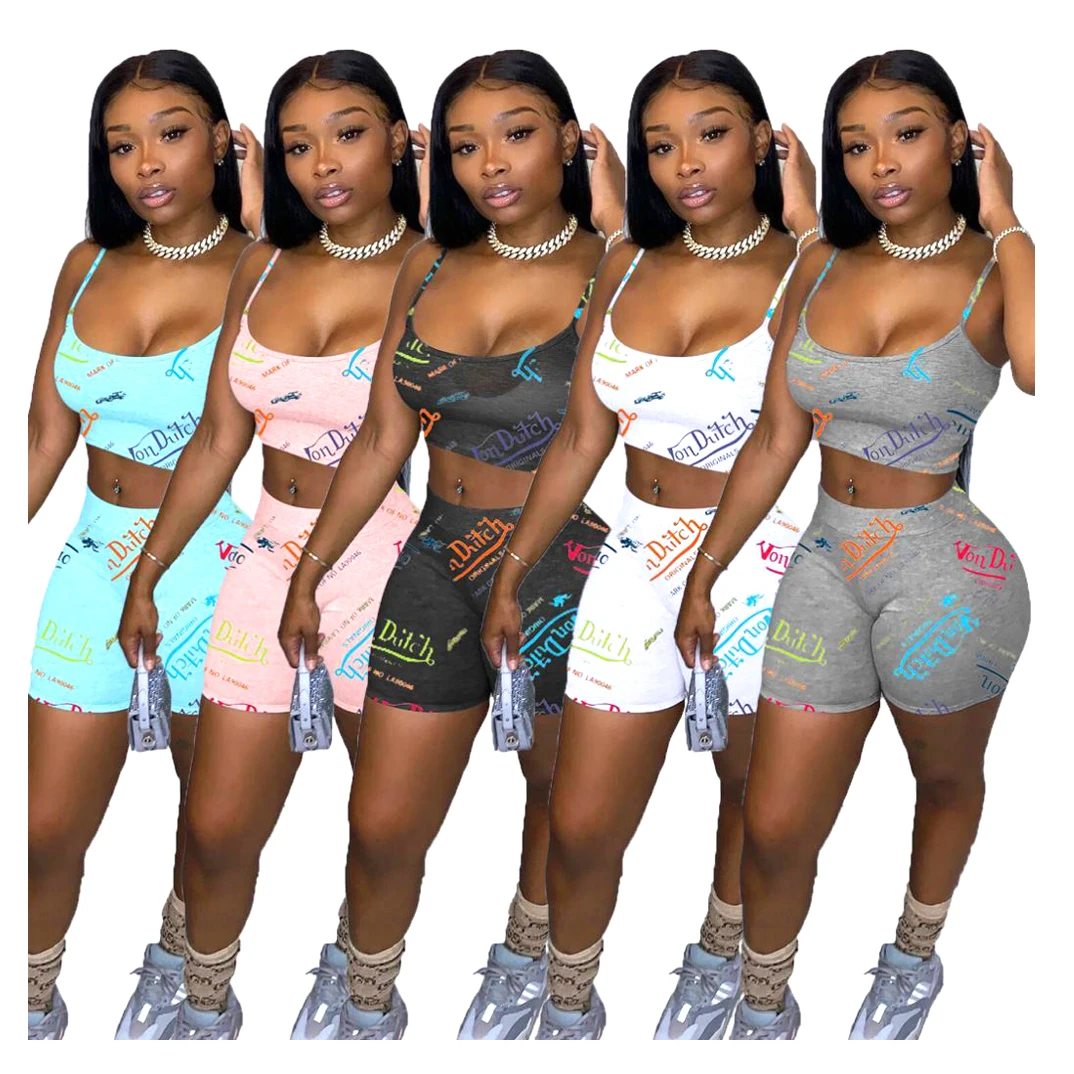 

Drop Shipping New Trendy Women Letter Printing Casual clothing Suspender Crop Top With Shorts Sexy 2 Piece Short Set Women, As picture or customized make