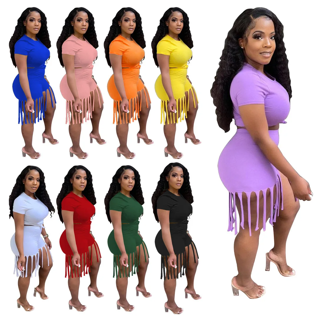 

Women Summer New Design Plus Size TasselsTop Shorts Solid Color Two Piece Set, Black white yellow ...