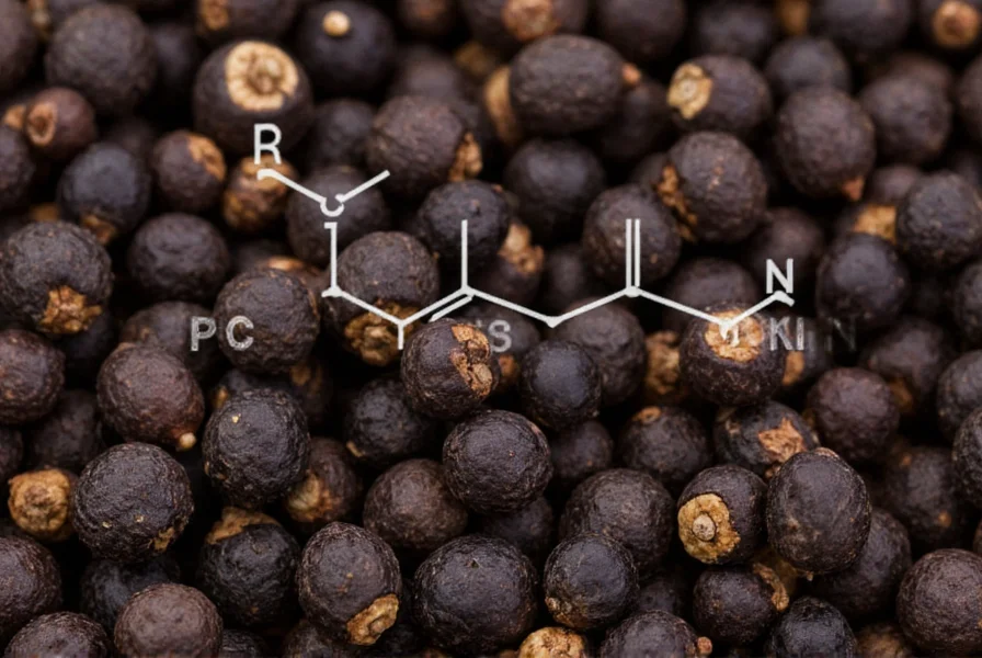 Close-up view of black peppercorns with piperine molecular structure overlay showing chemical composition