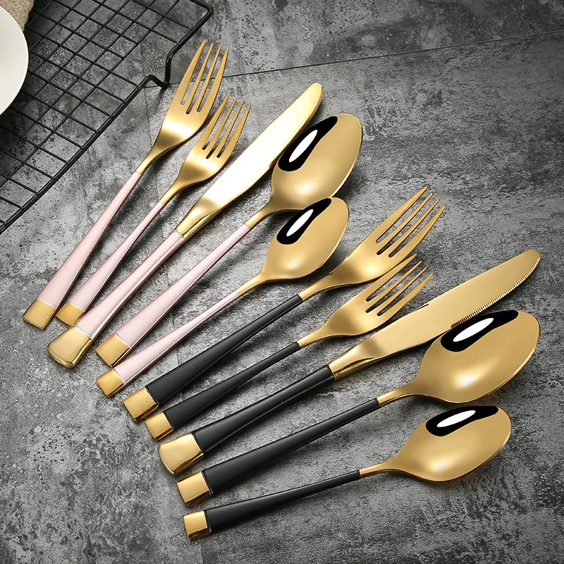 

Copper Cutlery set Stainless steel Luxury Gold and Silver Flatware set 5pcs