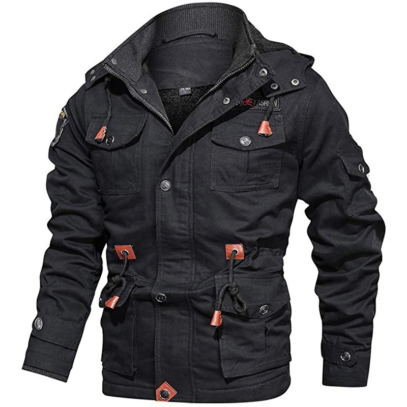 
2019 Fashion Coat Big Pockets Mens Outdoor Jacket Winter 4XL Fleece Hooded Tactical Jacket 