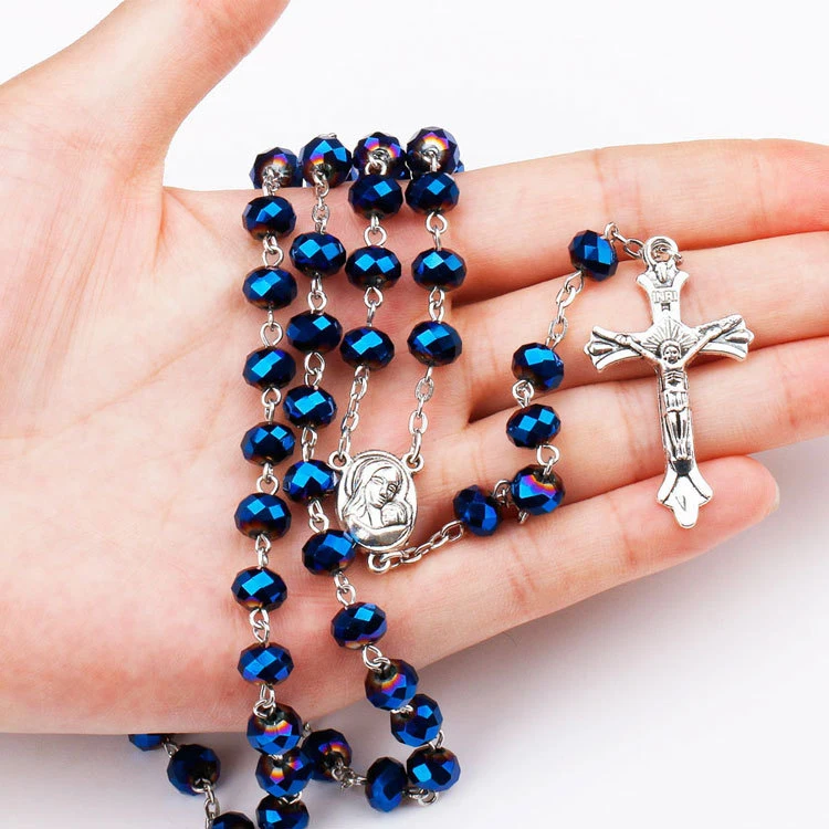 

Y206 Wholesale Colliers Religious Blue Crystal Beaded Rosary Men Necklace Catholic Cross Pendant Fashion Jewelry Necklaces